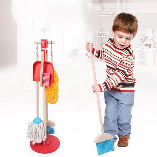 Wooden cleaning set for kids with broom, dustpan and mop
