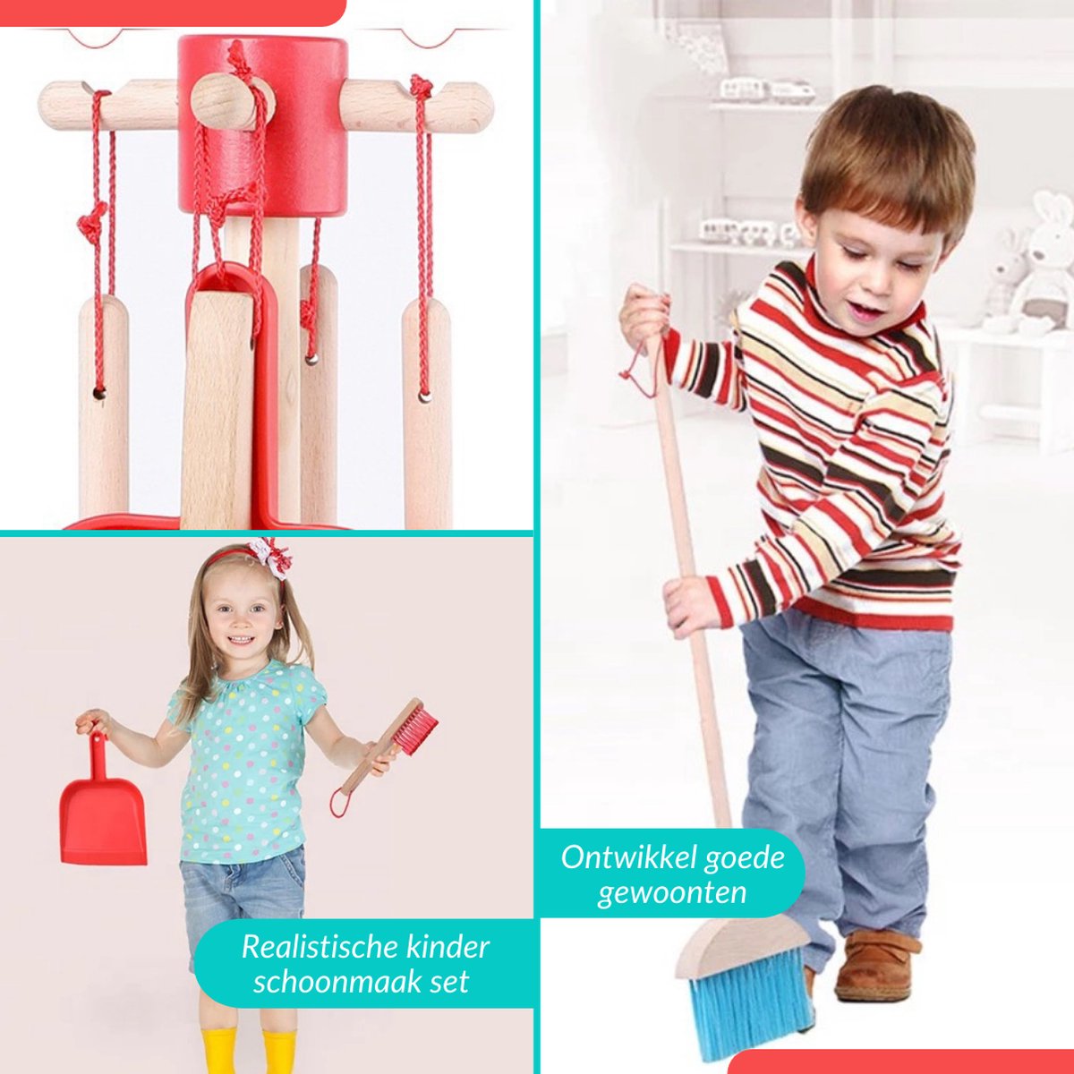 Wooden cleaning set for kids with broom, dustpan and mop