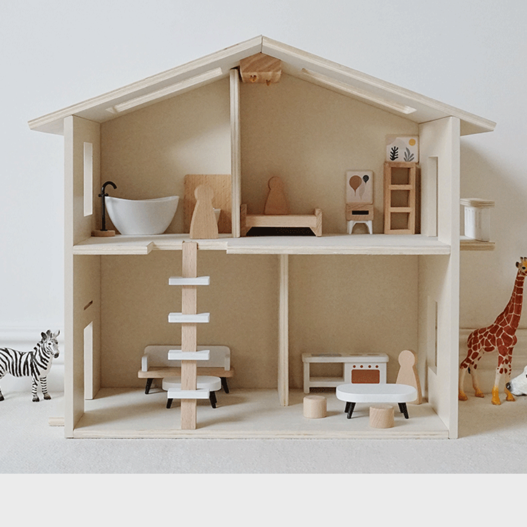 Wooden dollhouse with furniture – Buxibo