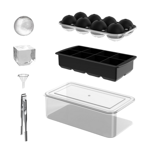 Ice cube tray set round and square with container and tongs, set of 2