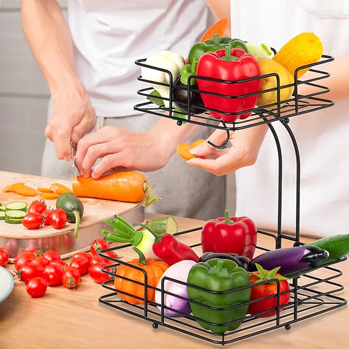 Two tier fruit basket with banana holder