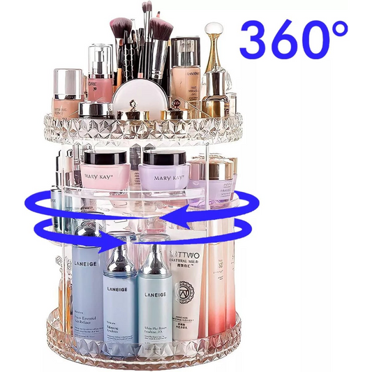 360-degree rotating makeup organizer with adjustable drawers
