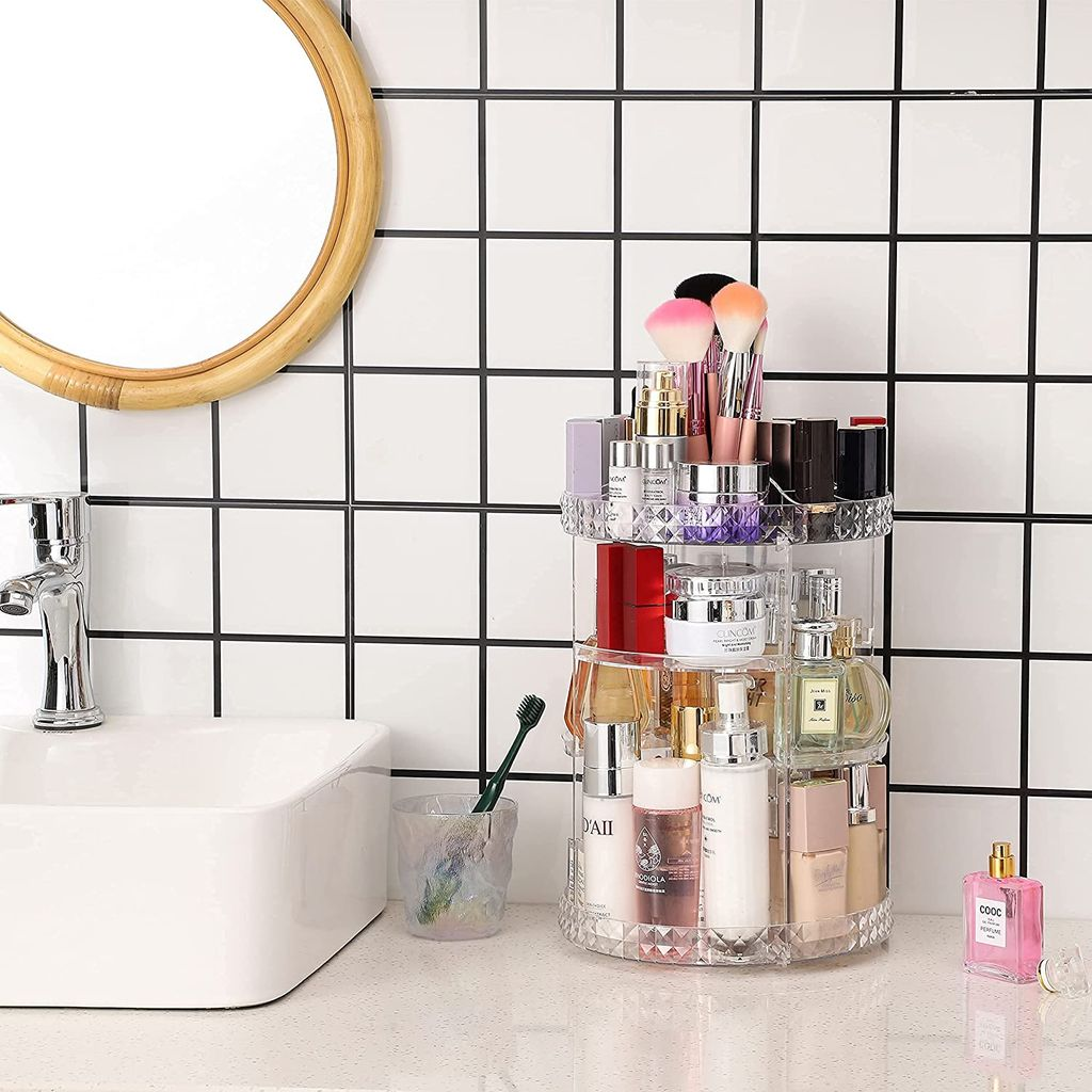360-degree rotating makeup organizer with adjustable drawers