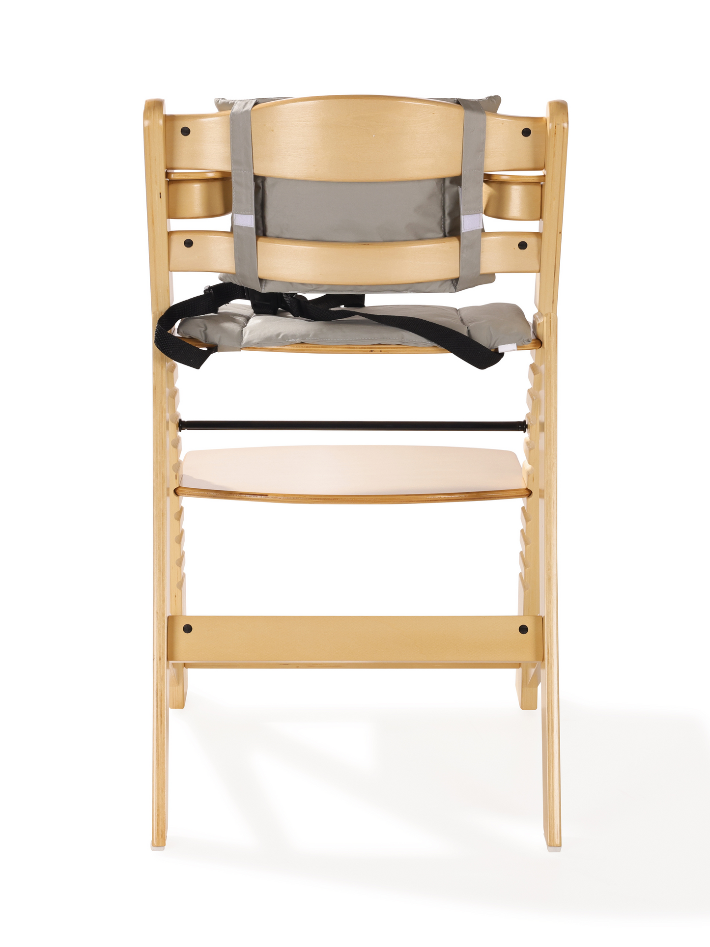 Kinderstuhl aus Holz mit Tablett und Kissen