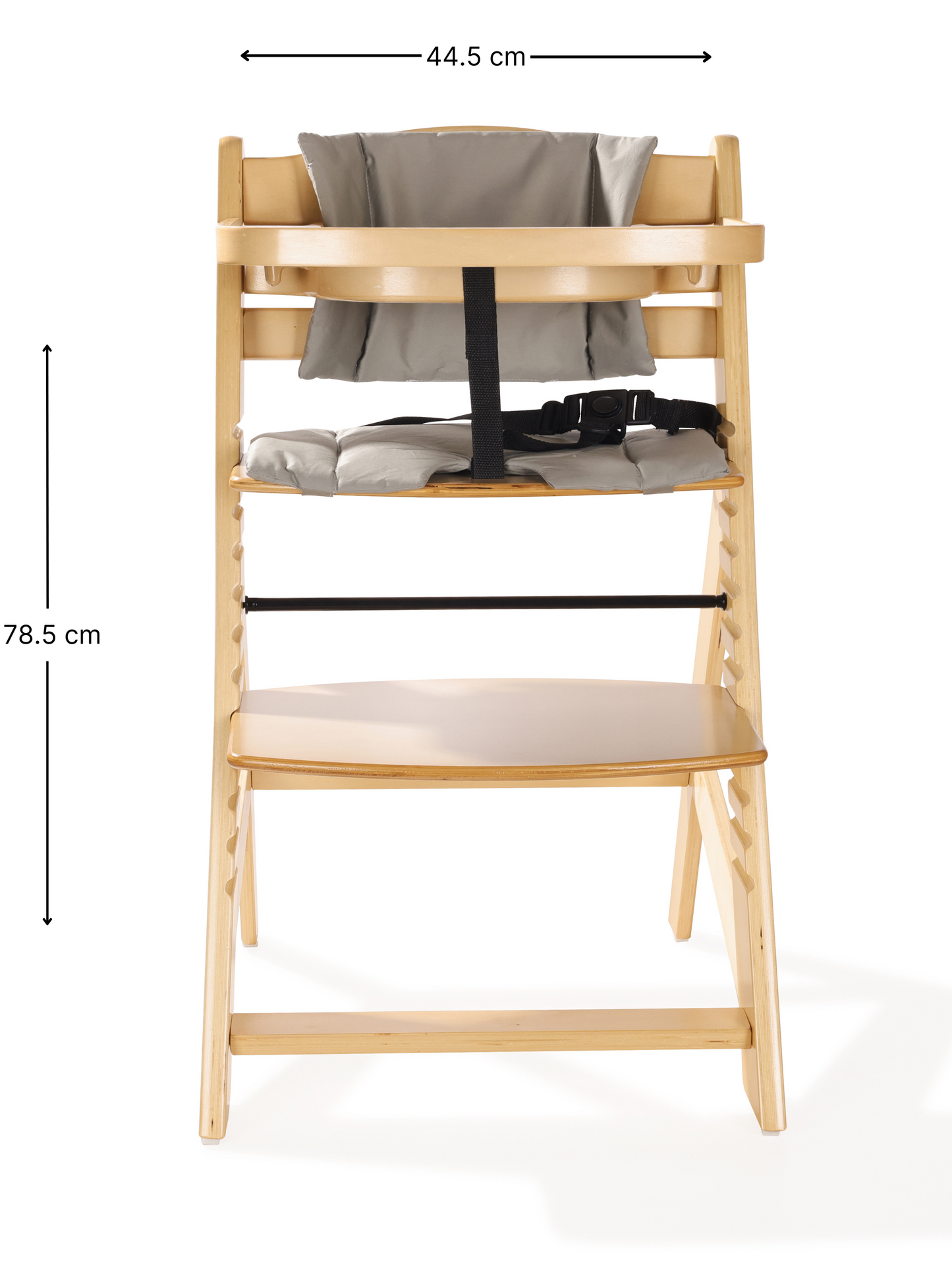 Kinderstuhl aus Holz mit Tablett und Kissen