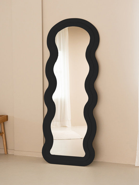 Wavy standing mirror Clara with suede velvet upholstery