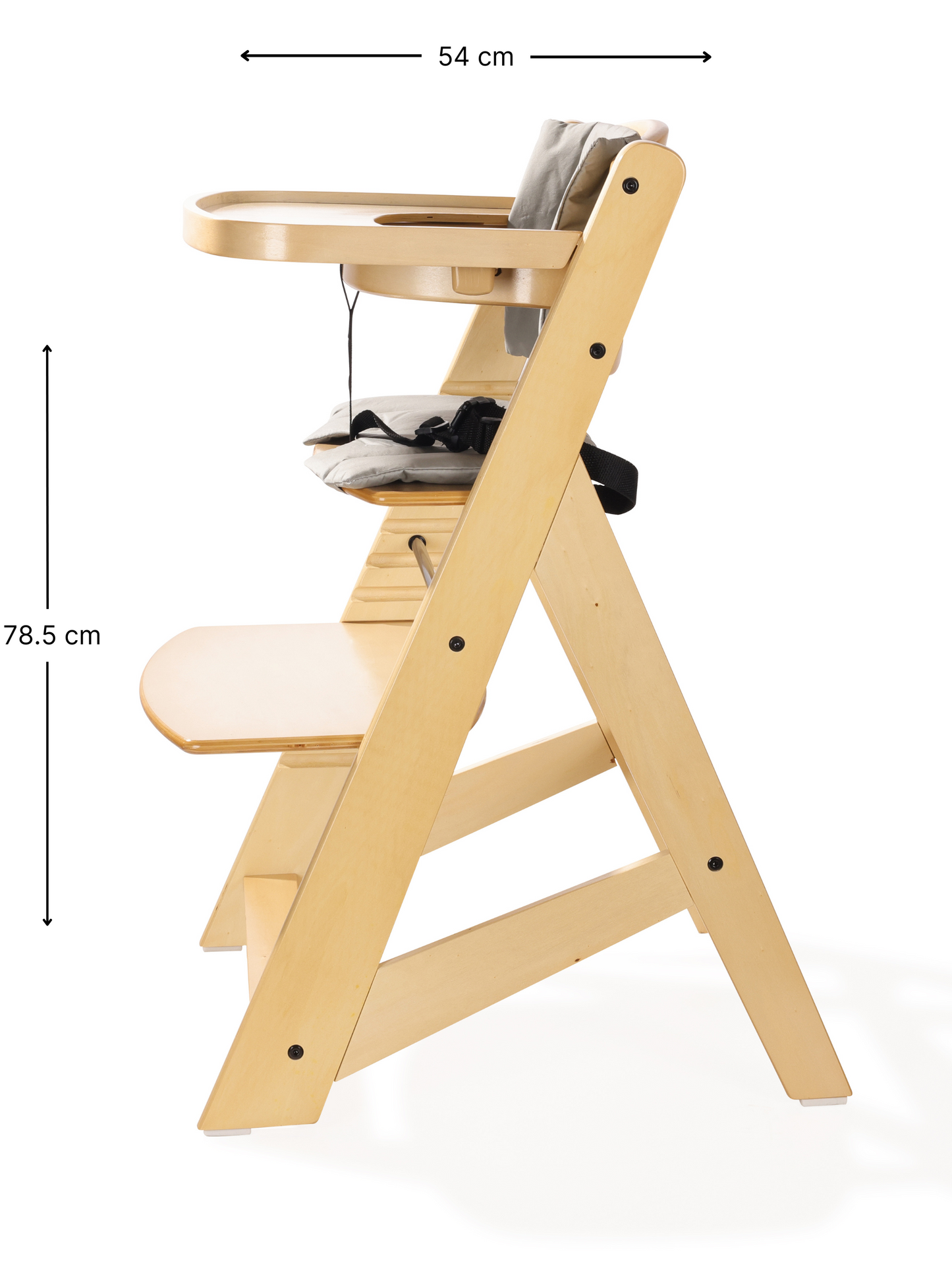 Kinderstuhl aus Holz mit Tablett und Kissen