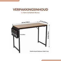 Dimension diagram of retro desk showing 100×50×76 cm measurements, rustic brown top, black metal frame, and attached grey…