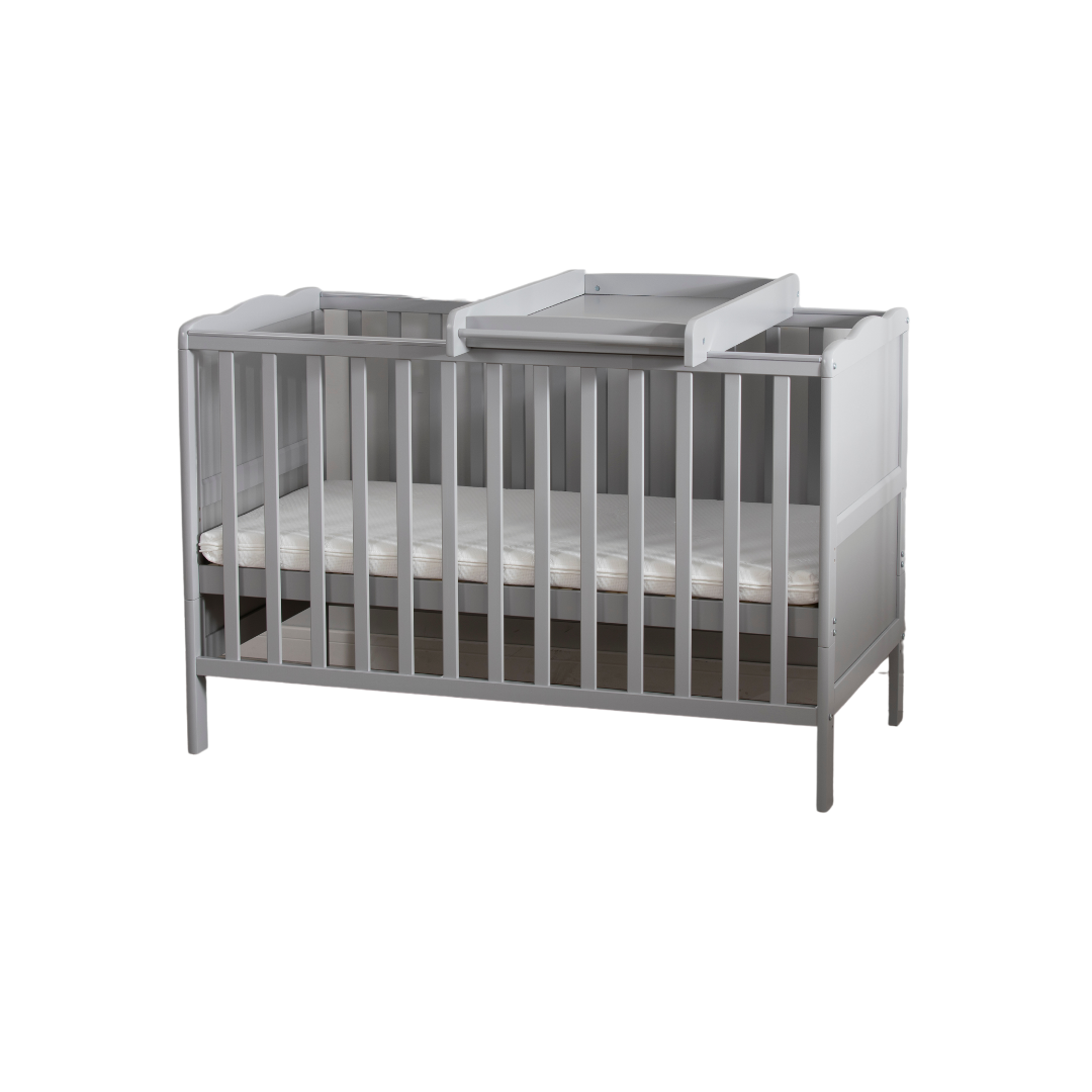 Buxibo Babybett – inklusive Wickeltisch – Kinderbett 120 x 60 cm – inklusive Matratze – Holz – Mitwachsendes Bett Babyzimmer – Grau