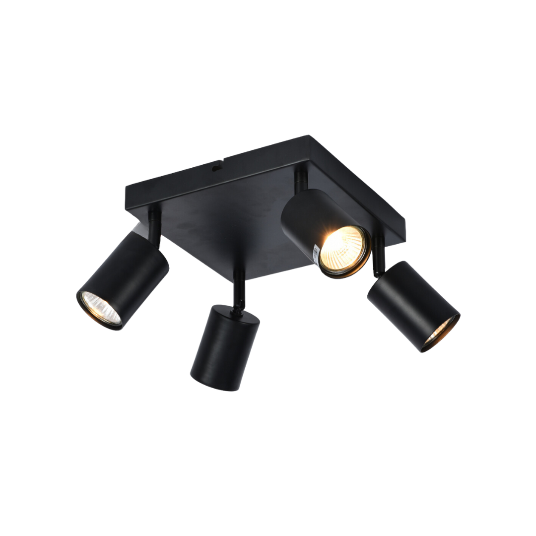 SensaHome MX85973-4 Taklampa Svart - Industriell Taklampa 4 Spots - Modern Takspot Fyrkantig Design - Vridbar/Titbar - GU10 3W LED Ytmonterad Spotlight Spotlight 20cm x 20cm - Exkl. ljuskälla