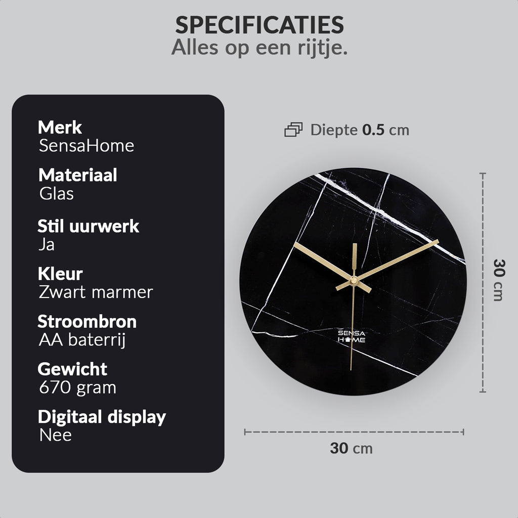 Glazen Wandklok 30cm - Marmeren Design - Stille uurwerk