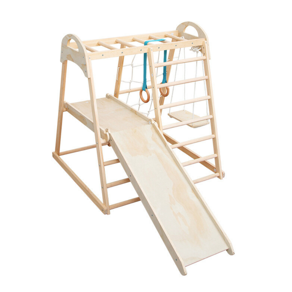 Buxibo Toddler Playset Indoor Playground Jungle Gym - Wooden 7-in-1 Multifunctional Climbing Frame - Climbing Frame, Ladder Climber, Slide, Swing &amp; More - 204x103x113cm