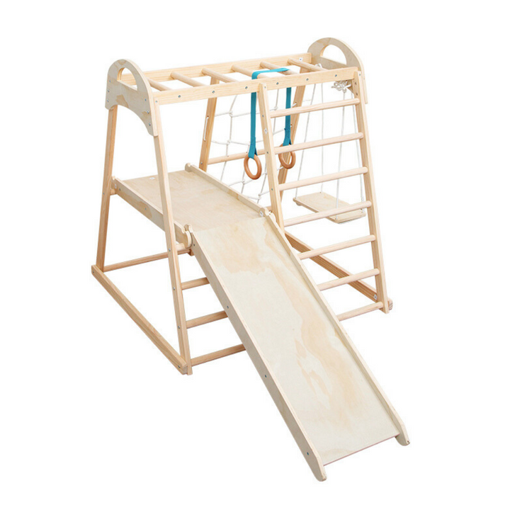 Buxibo Juego para niños pequeños Parque infantil interior Gimnasio en la jungla - Marco de escalada multifuncional de madera 7 en 1 - Marco de escalada, escalador de escalera, tobogán, columpio y columpio Más - 204x103x113cm