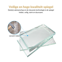 Stacked clear glass panels with inset callout showing hammer striking cracked glass, safety mirror durability comparison g…