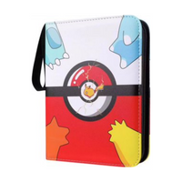 Pokémon-themed zippered trading card binder with Poké Ball centre and character silhouettes on red and white cover, slight…