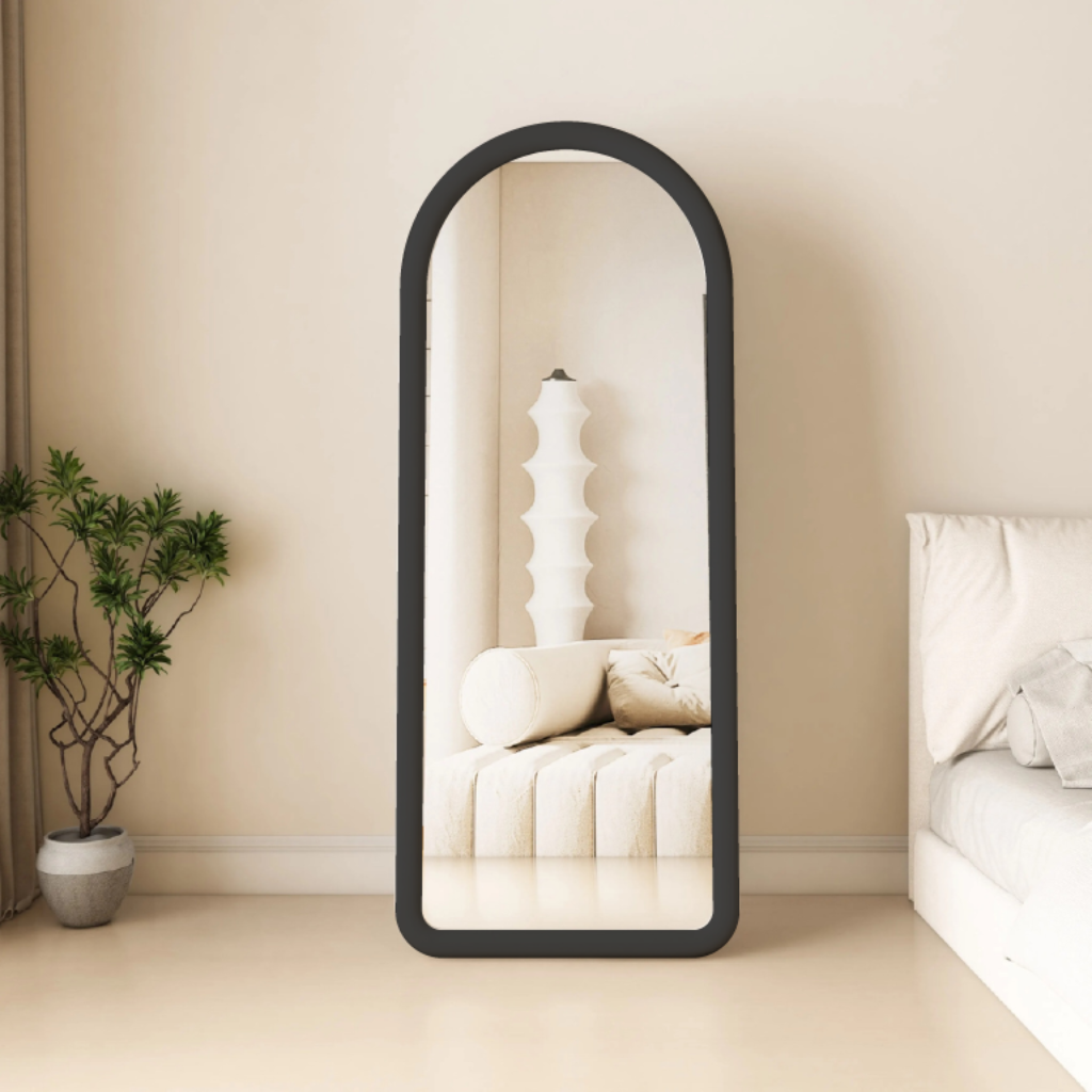 Upholstered Oval Standing Mirror 160x60 cm - Suede Velvet - Black