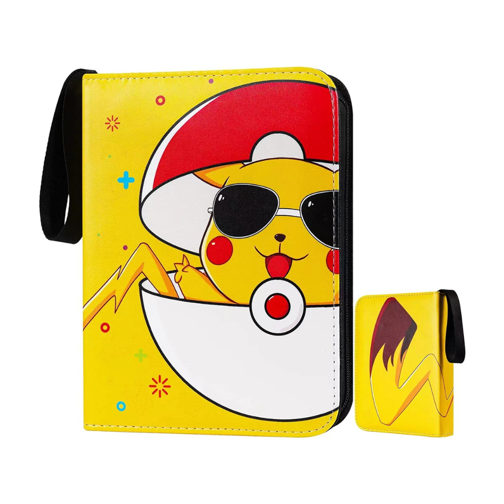 Yellow Pikachu-print zippered trading card binder with carry handle, shown with matching small yellow deck box, front view