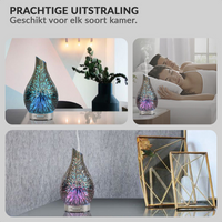 3D glass aroma diffuser shown in three lifestyle settings: living room, bedroom beside sleepers, and styled shelf with gol…