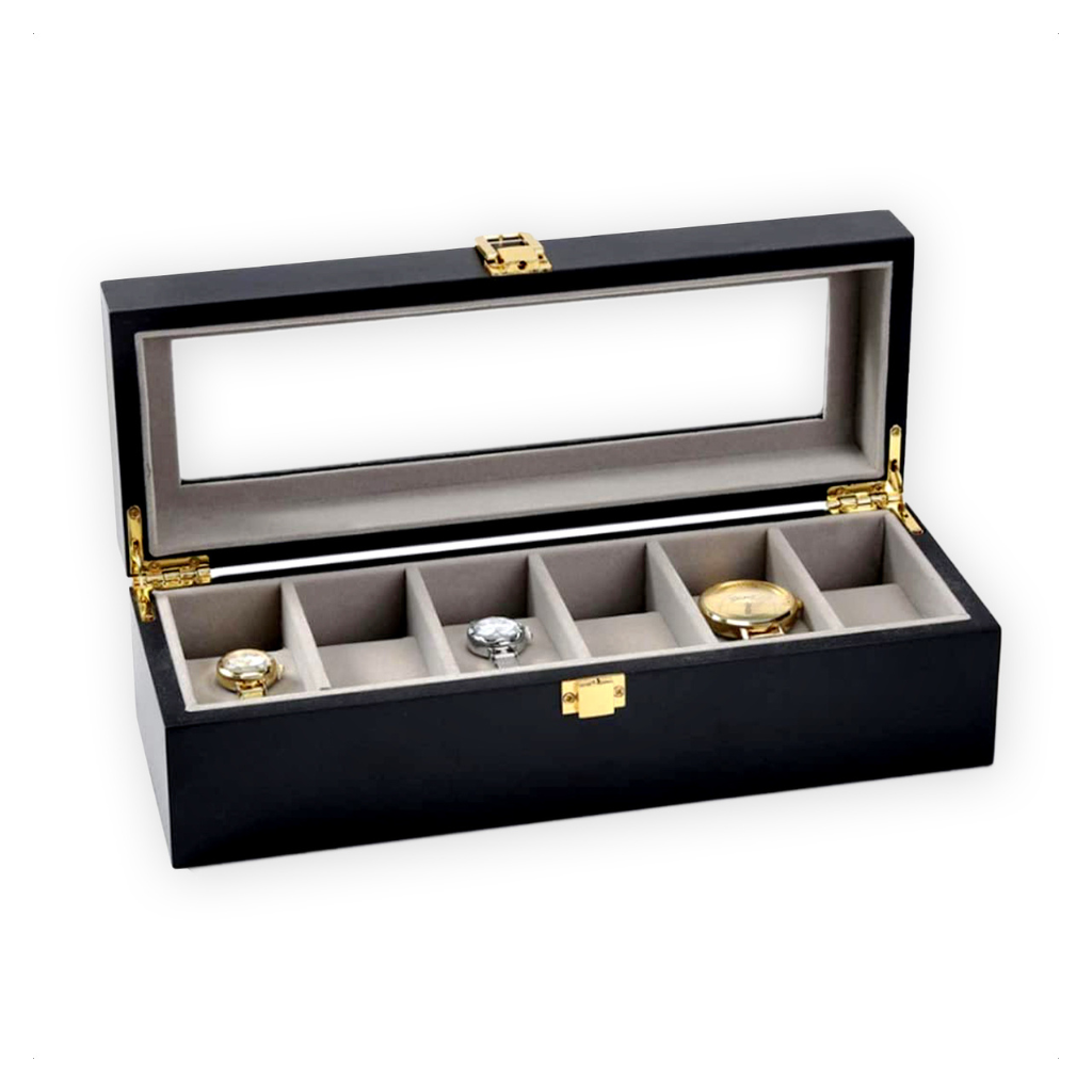 Luxuriöse Uhrenbox aus Holz – 6 Fächer mit Kissen (schwarz)