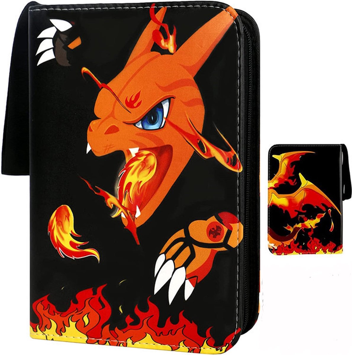 Black zippered trading card binder with orange fire-breathing dragon print, shown front and closed with small size compari…