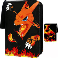 Black zippered trading card binder with orange fire-breathing dragon print, shown front and closed with small size compari…