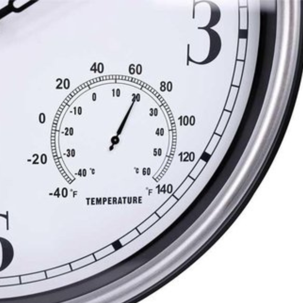 Wasserdichte Outdoor-Uhr (Durchmesser 40 cm) – geräuschloses Uhrwerk – Temperatur- und Luftfeuchtigkeitsmesser – Silber