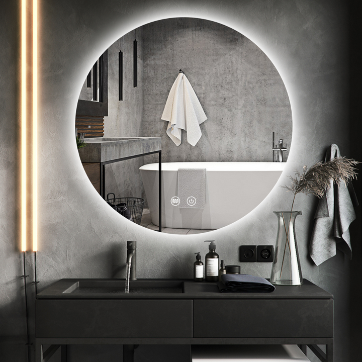 Espejo de baño redondo con iluminación y calefacción.
