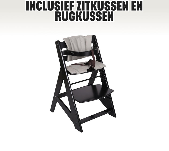 Buxibo Wooden Grow Chair Child - Inklusive matsalsbricka - Justerbar barnstol för komfort och design - Inklusive kudde - 48×58×80cm - Svart