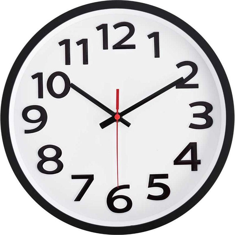 Round white wall clock with black plastic frame, bold black numerals, black hands and red second hand, front view
