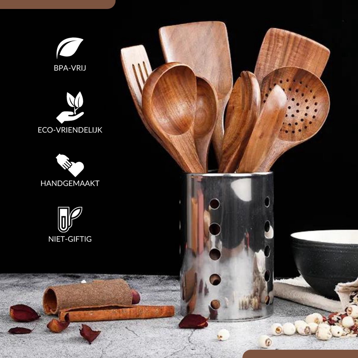 Set of 10 luxury teak wood kitchen utensils