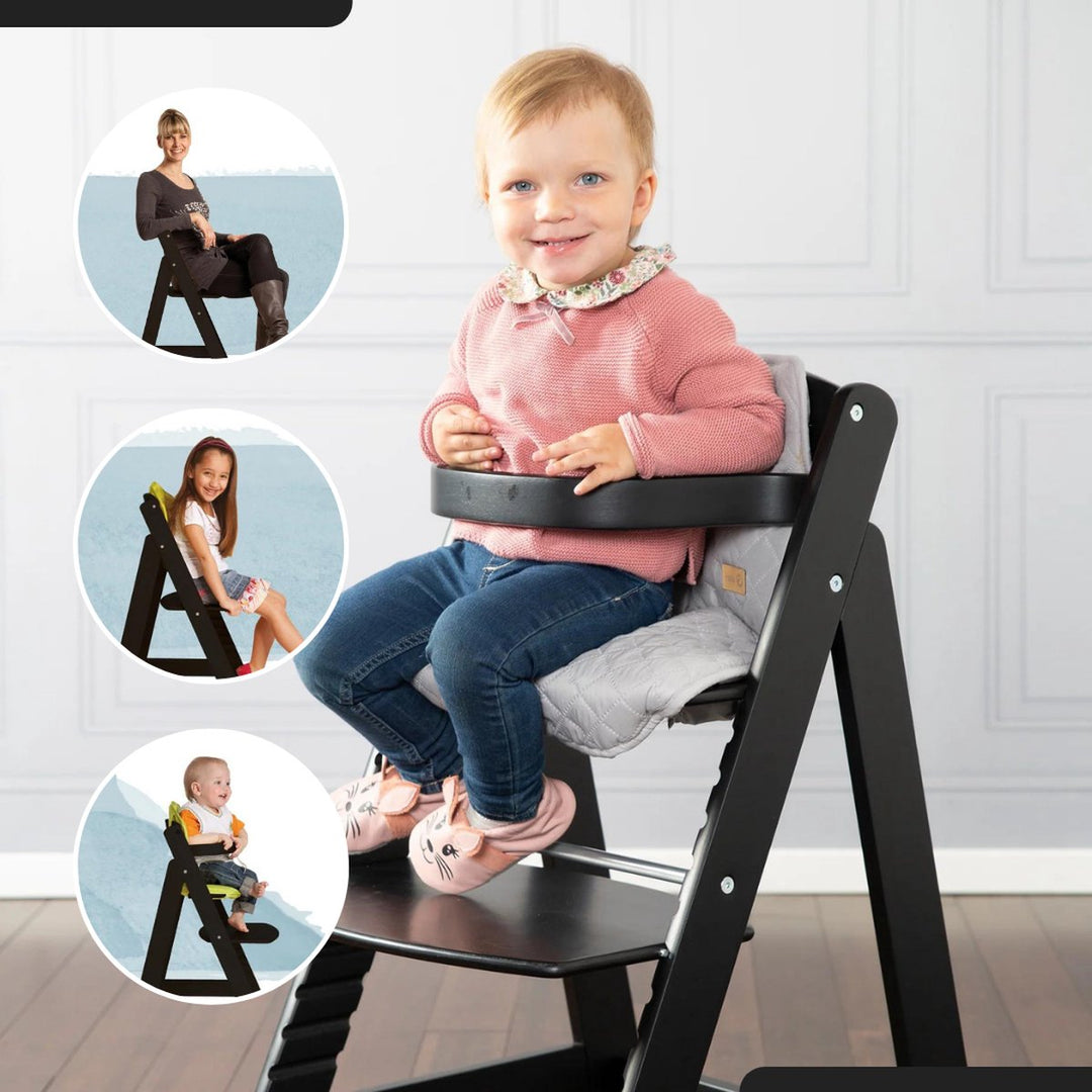 Buxibo Chaise de culture en bois pour enfant – Plateau de salle à manger inclus – Chaise haute réglable pour plus de confort et de design – Coussin inclus – 48 × 58 × 80 cm – Noir