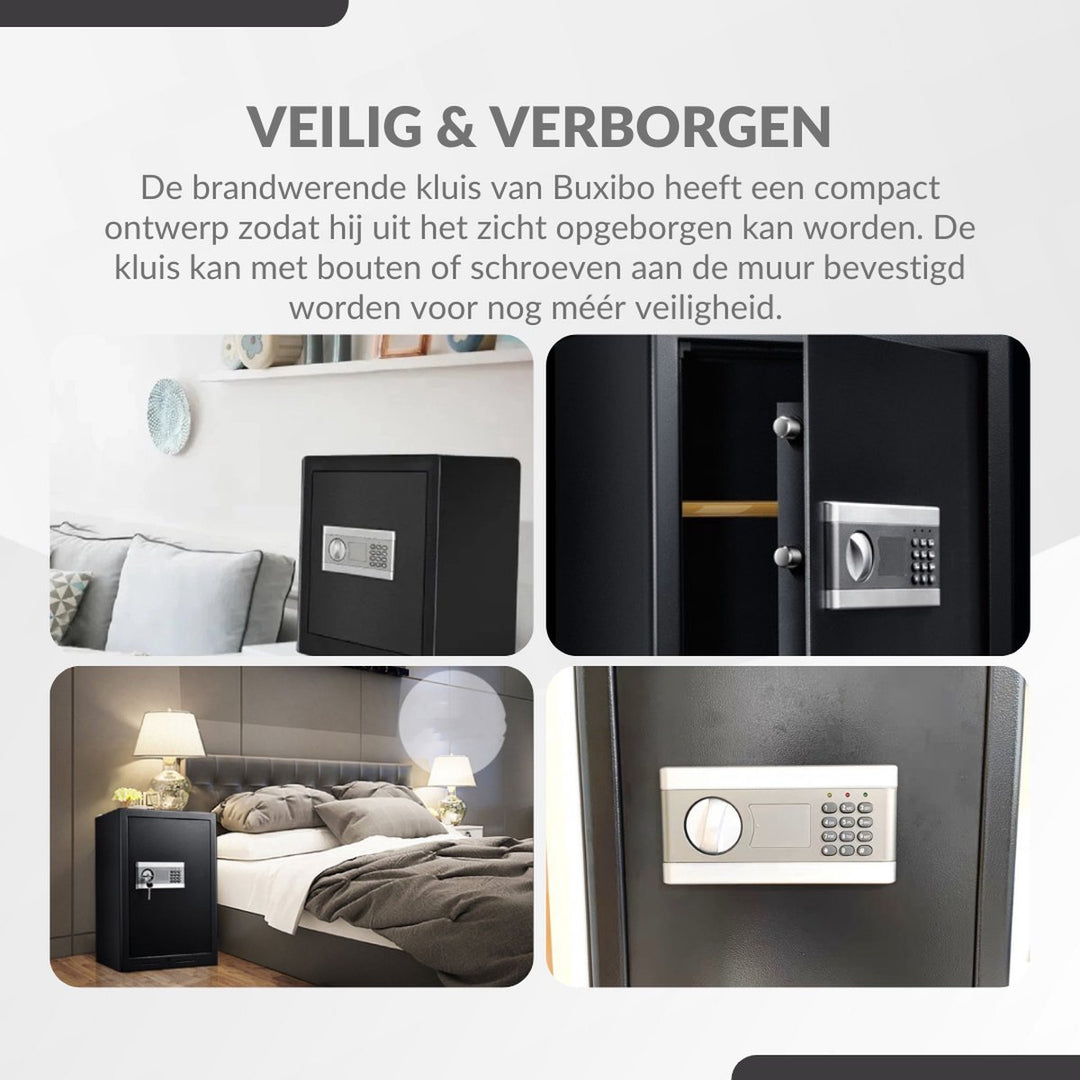 Buxibo - Brandwerende Kluis Villa - Veiligheidskluis - Brandkast - Met Digitaal Codeslot & Sleutel - Metaal - Zwart