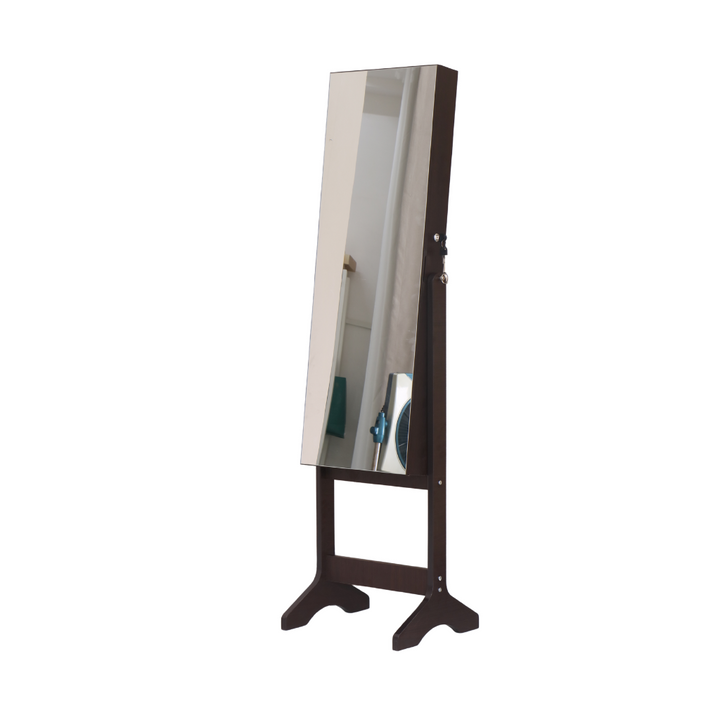 Brown jewelry cabinet on legs with mirror