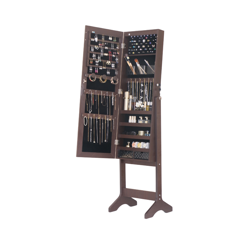 Brown jewelry cabinet on legs with mirror