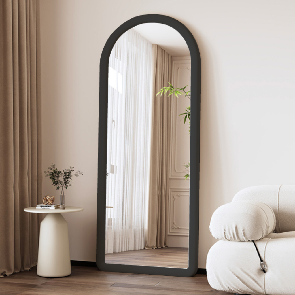 Upholstered Oval Standing Mirror 160x60 cm - Suede Velvet - Black