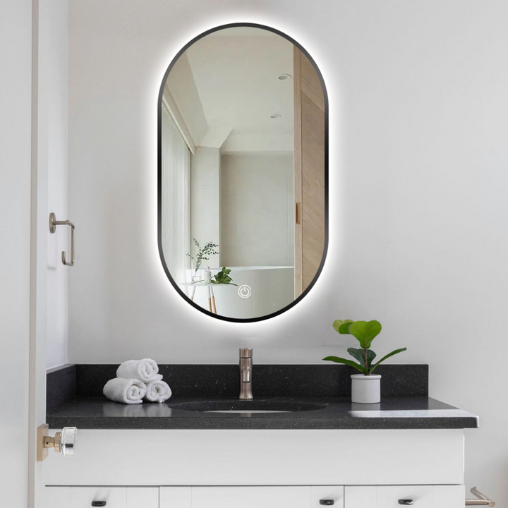Miroir de salle de bain ovale avec éclairage LED à intensité variable