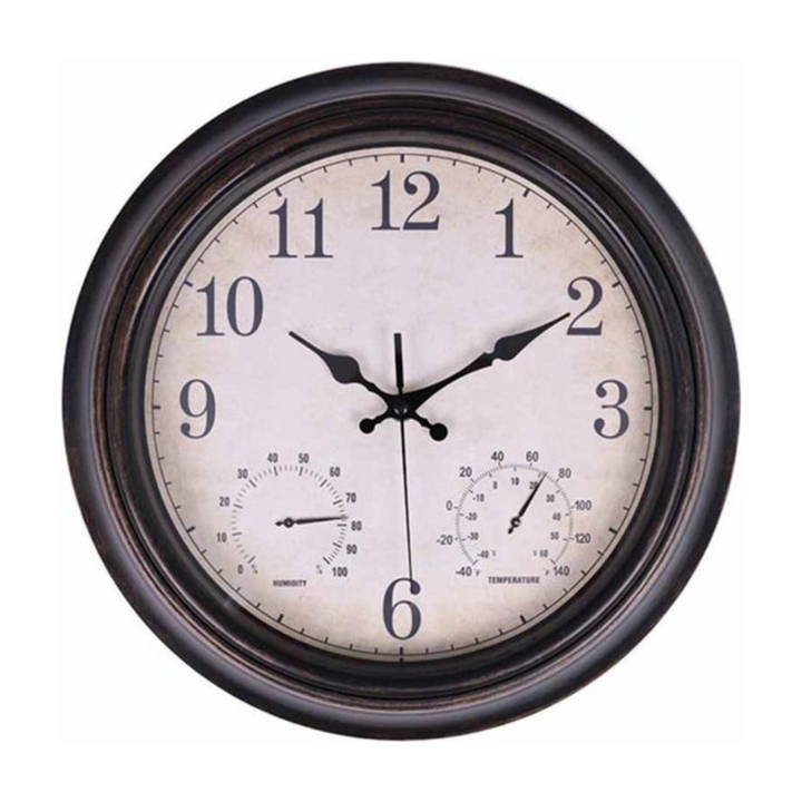 Klassische Quarz-Wanduhr (35 cm) mit geräuschlosem Uhrwerk – ländliches Design – Thermometer/Hygrometer – Temperatur/Luftfeuchtigkeit