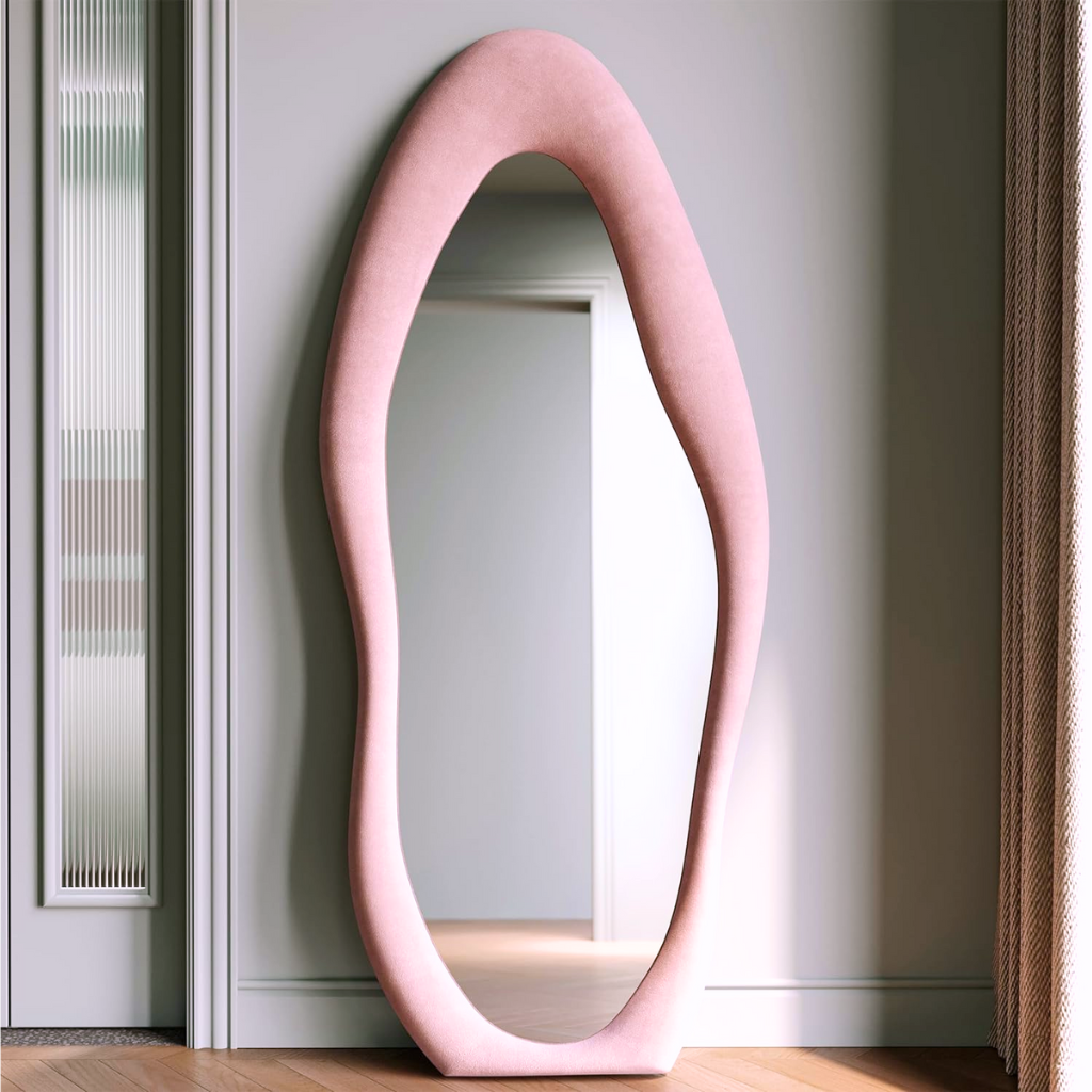 Miroir sur pied tapissé en forme 160x60 cm - Rose