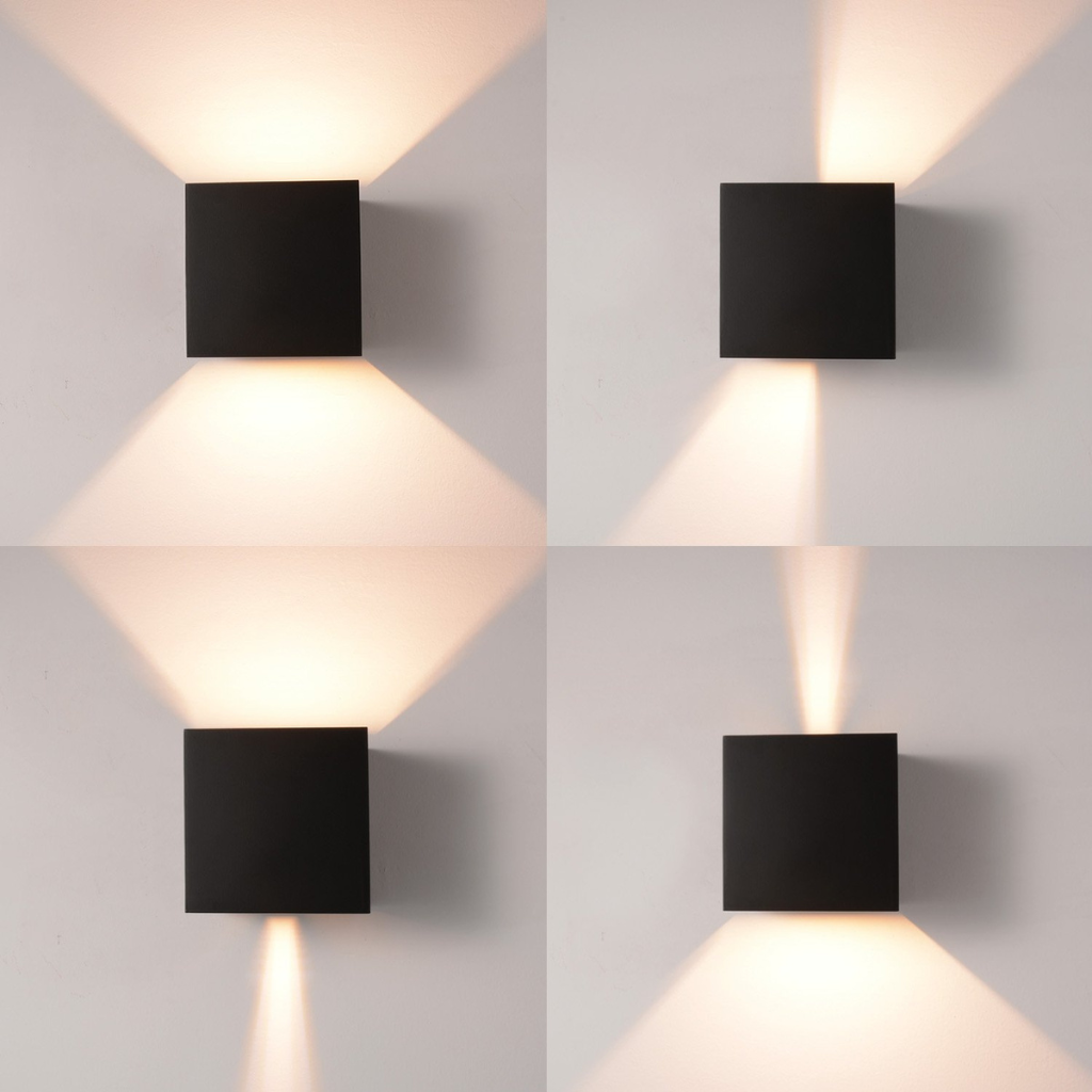 Four-panel grid showing black cube LED wall lamp with different beam angle settings, from wide spread to narrow focused light