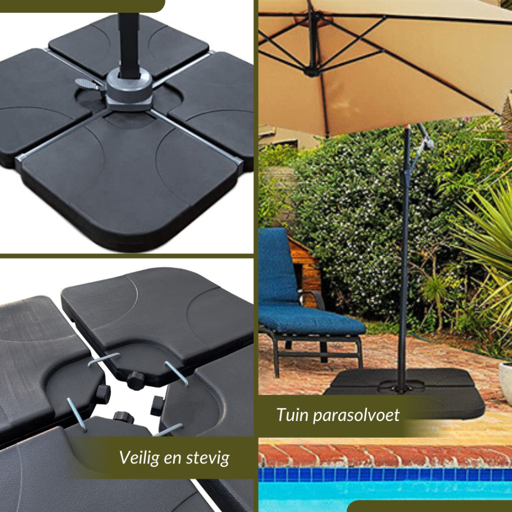 Four-panel collage: close-up of assembled black base tiles on pole, underside locking clips detail, and garden lifestyle s…