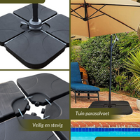 Four-panel collage: close-up of assembled black base tiles on pole, underside locking clips detail, and garden lifestyle s…