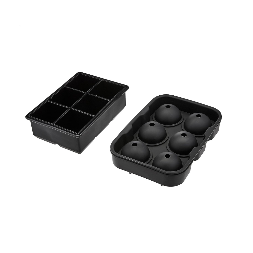 Black silicone ice tray set of two; 6-cavity square tray on left, open 6-sphere round mould on right, angled top view