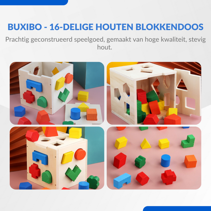 16-Delige Houten Blokkendoos - Vormenstoof - Motoriek/Educatief Speelgoed - Multikleur