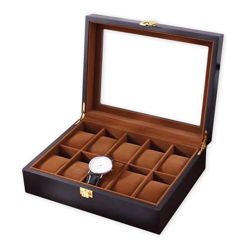 Dark brown lacquered wood watch box open, showing 10 tan cushioned slots with one analogue watch displayed inside, glass l…