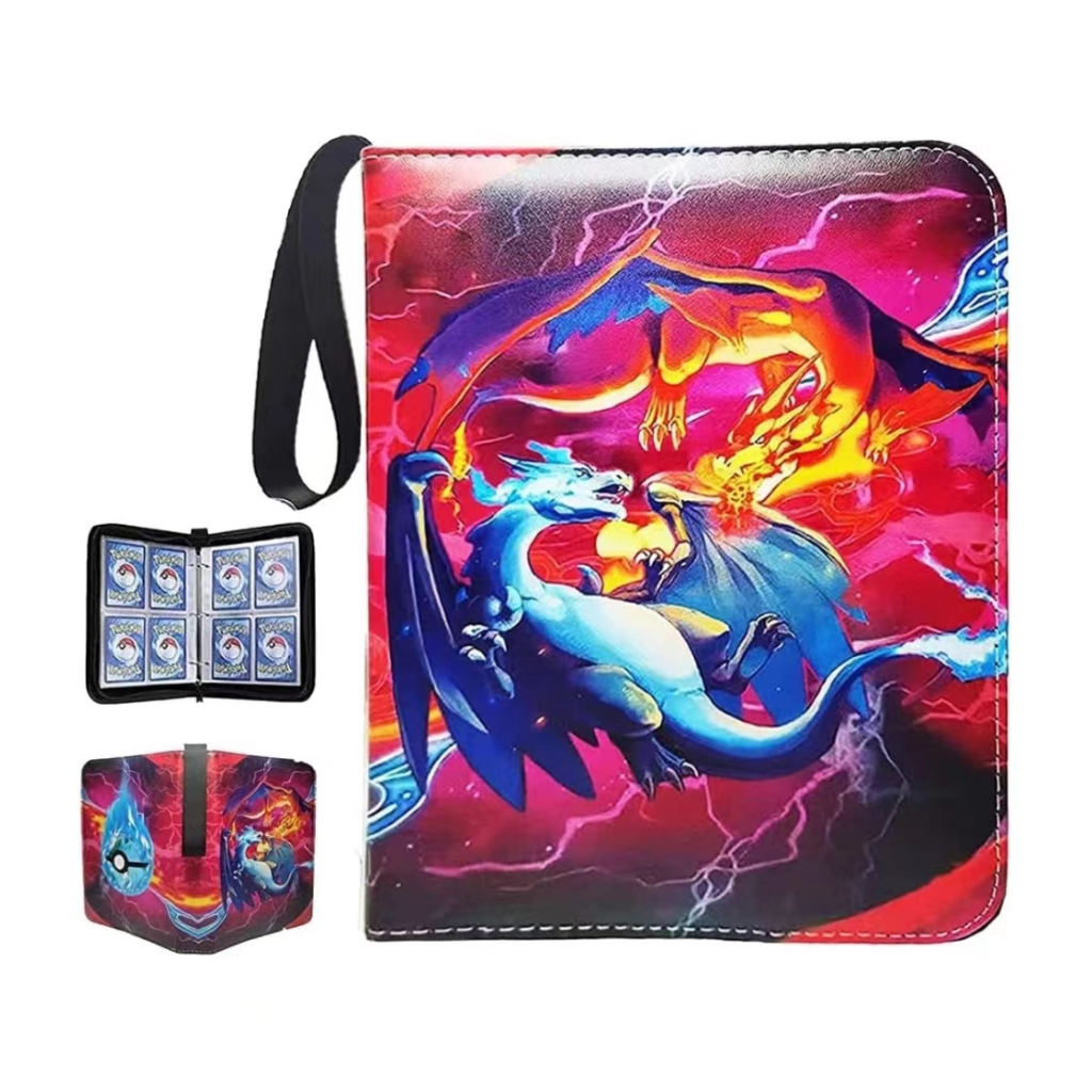Red Pokémon card binder with Charizard cover art, shown closed with carry strap, open with cards, and folded views