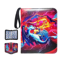 Red Pokémon card binder with Charizard cover art, shown closed with carry strap, open with cards, and folded views