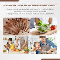 Four-panel lifestyle collage: teak utensils on wood, salad servers with green salad, adult and child chopping veg, mother…