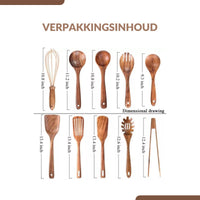 Dimensional diagram of all 10 teak utensils with inch measurements labeled, including spatulas, spoons, whisk, pasta serve…