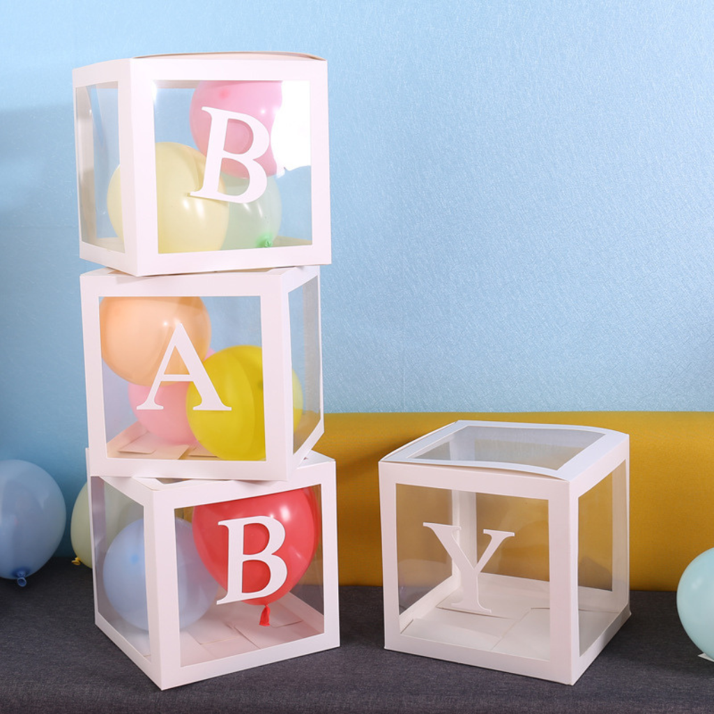 Transparente Buchstabenblöcke zum Aufdecken des Geschlechts – Baby-Ballonbox – Party-Dekoration