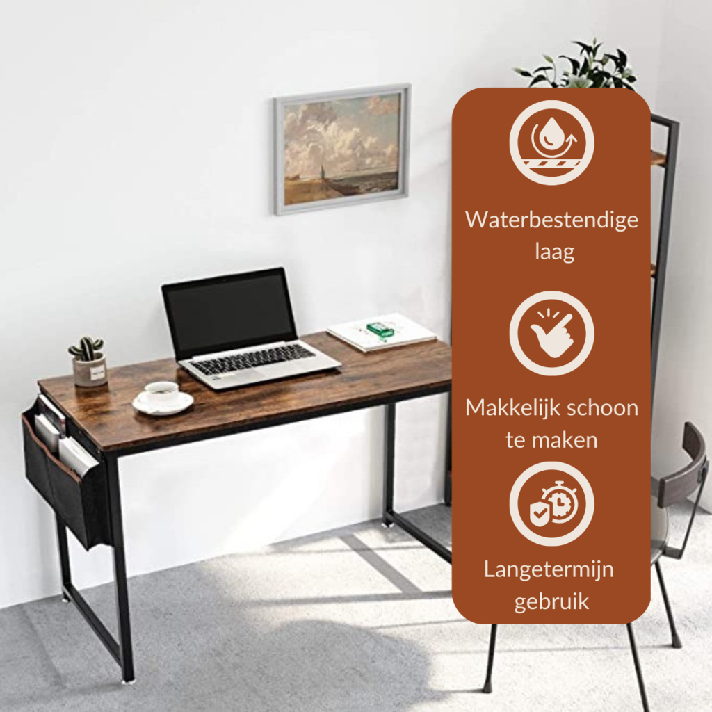 Rustic brown desk with black metal frame in home office setting, Dutch feature callouts highlighting waterproof surface, e…